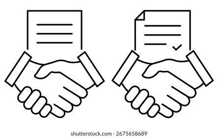 Handshake mit Symbolsatz für Vertragsposition. Geschäftskonzept. Symbolgruppe der Vereinbarung. Vektorgrafik einzeln auf Weiß.