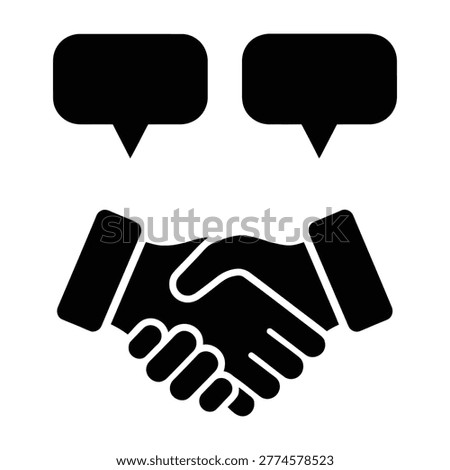 Handshake with conversation bubbles on white background, symbolizing agreement and discussion