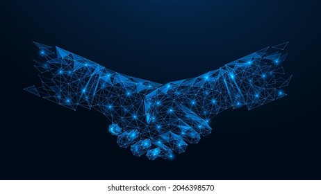 Handshake, cooperation in the business environment. Polygonal construction of interconnected lines and points. Blue background.