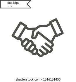Handshake cooperation charity help donation. Partnership and agreement symbol. Two hand shaking logo. Linear style icon. Flat design element. Editable stroke. 48x48 Pixel Perfect.