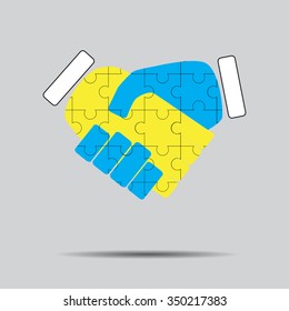 Handshake cooperation puzzle pattern. Teamwork partnership, agreement deal, meeting corporate. Vector art design abstract unusual fashion illustration