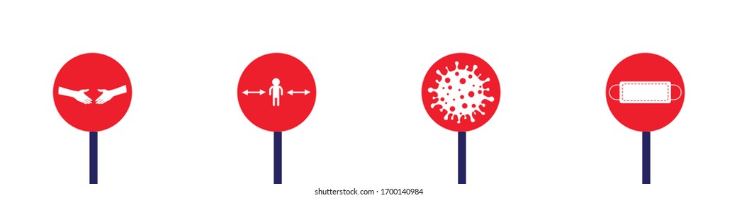 Handshake coronavirus sign, observing distance distance between people, virus, face masks, vector illustration