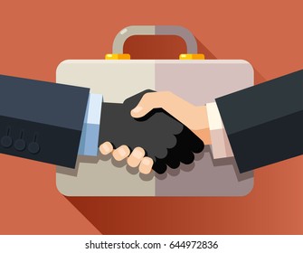 Handshake of corrupt business men on a briefcase background. Flat design modern vector illustration concept. 