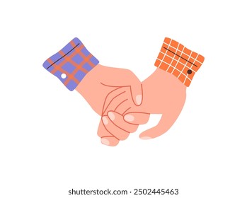 Handshake, couple hold hands with check shirt sleeves vector flat illustration. Unity partnership human arm gesture icon. Love and friendship, greetings or support, empathy and sympathy sign