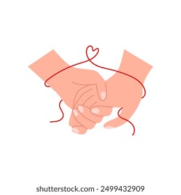 Handshake, couple hold hands with heart from red ribbon vector flat illustration. Union relationship human arm gesture icon. Love and friendship, greetings or support. Empathy and sympathy sign