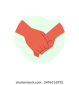 Handshake, couple hold hands vector flat illustration. Unity partnership human arm gesture icon, greetings or support. Love and friendship concept, empathy and sympathy sign