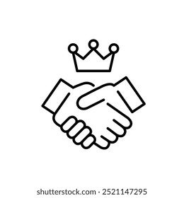 Handschlag und Krone. Elite-Zusammenarbeit, Vertrauen und Exzellenz in der Wirtschaft. Pixel perfekt, bearbeitbares Strichsymbol