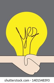 A handshake deal business concept, agree to join the idea with the word "yes", hands and bulb to create lighting, vector illustration