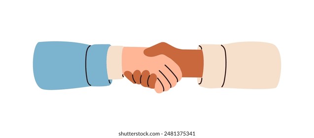 Handshake for deal, business cooperation. Partners shaking hands. Agreement, partnership, collaboration concept. Corporate communication. Flat vector illustration isolated on white background