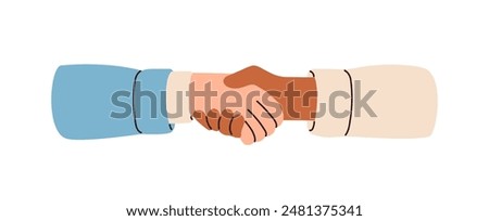 Handshake for deal, business cooperation. Partners shaking hands. Agreement, partnership, collaboration concept. Corporate communication. Flat vector illustration isolated on white background