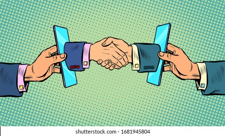 handshake deal business online communication smartphone. Pop art retro vector illustration kitsch vintage 50s 60s style