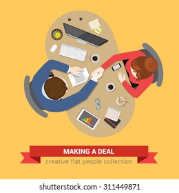 Handshake Deal Contract Topview Workplace. Office Table Top View Business Flat Web Infographic Concept Vector. Creative People Collection.