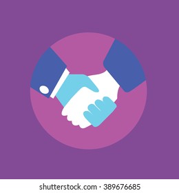 Handshake for a deal making. Flat design isolated on violet