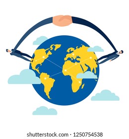 Handshake from different countries and continents of earth globe. Business make deal metaphor in minimalistic flat style. Cartoon vector illustration