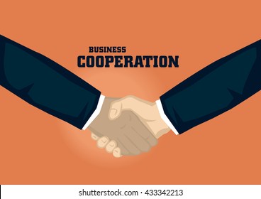 Handshake of different ethnicity. Vector cartoon for business illustration on business cooperation concept isolated on orange background.