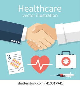 Handshake doctor and patient, vector illustration. Concept healthcare. Medical background. Set icons of medical equipment. Doctor and patient shaking hands isolated on background.