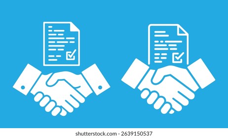 Handshake with Document Icon Vector – Business Deal, Signed Contract Symbol with Orange and Blue Hands for Corporate Use