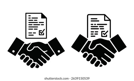 Handshake with Document Icon Vector – Business Deal, Signed Contract Symbol with Orange and Blue Hands for Corporate Use