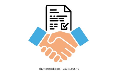 Handshake with Document Icon Vector – Business Deal, Signed Contract Symbol with Orange and Blue Hands for Corporate Use