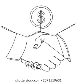 Handshake and dollar coin continuous line drawing. International partnership and agreement concept. World. Vector illustration isolated on white.