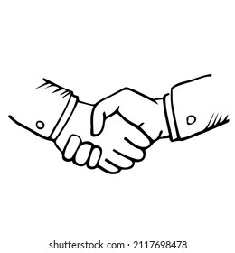Handshake Doodle, ein handgezeichnetes Vektordoodle, das Händeschütteln in einer Geschäftspartnerschaft zu einem gegenseitigen Abkommen führt.