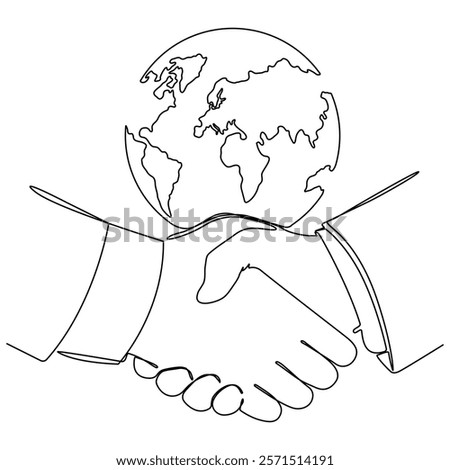 Handshake and Earth globe continuous line drawing. World  agreement and partnership concept. Vector illustration isolated on white.