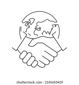 Handshake And Earth Line Icon. World Partnership Linear Symbol. International Agreement Concept. Vector Isolated On White.