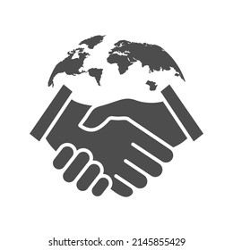 Handshake and Earth line icon. World partnership linear symbol. International agreement concept. Vector isolated on white.