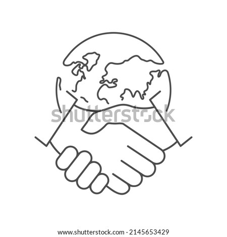 Handshake and Earth line icon. World partnership linear symbol. International agreement concept. Vector isolated on white.