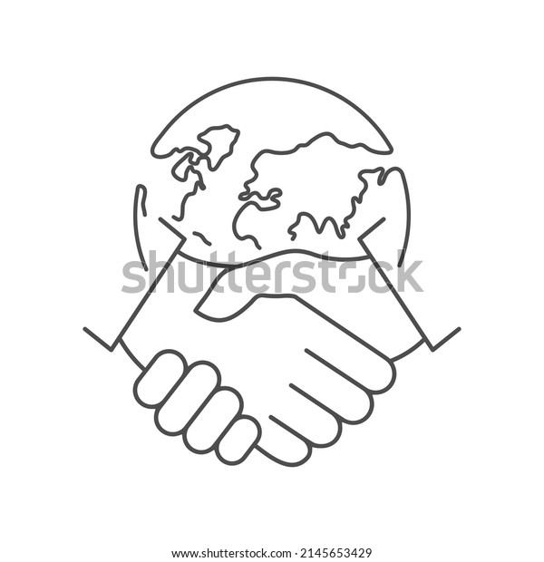 Handshake\
and Earth line icon. World partnership linear symbol. International\
agreement concept. Vector isolated on\
white.