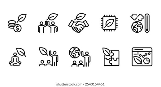 Handshake eco green environmental icon set collection stroke line simple symbol of climate change awareness team leadership cooperation 