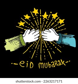 apretón de manos, Eid Mubarak, doodle y vector de ilustración