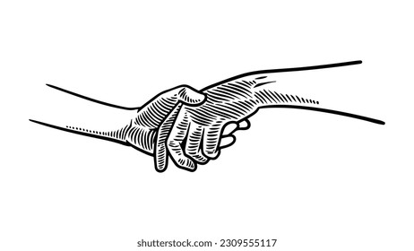 handshake engraving drawing, vintage sketch hand shake vector illustration isolated on white background.