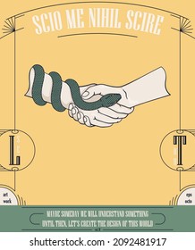 Handshake with a entwine snake on one hand. Mystical retro card. Symbol of deception and danger.
 Ready design elements for print, tattoo, t-shirt, web or other concepts. Vector graphics