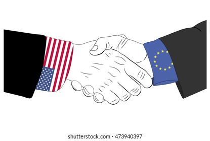 Handshake of the european and american hands symbolizes friendship between the USA and Europe Union