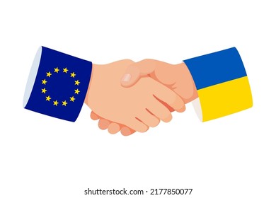 Handshake of European Union and Ukraine. Symbol of economic help and military support. Vector icon of meeting and talks between EU and Ukrainian leaders. Two hands. Sleeves are decorated with flags