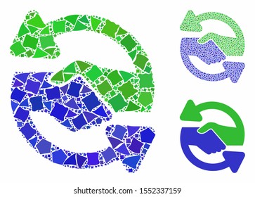 Handshake exchange arrows composition of tuberous items in variable sizes and color tones, based on handshake exchange arrows icon. Vector unequal dots are organized into collage.