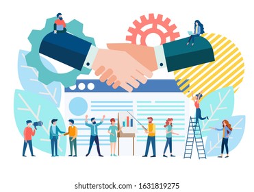 Handshake of executives, conclusion of contracts and management in a  company, online business support, business analytics, investment attraction and financial control in a business team