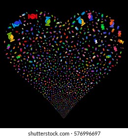 Handshake fireworks with heart shape. Vector illustration style is flat bright multicolored iconic symbols on a black background. Object salute combined from random symbols.