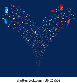 Handshake fireworks stream. Vector illustration style is flat bright multicolored iconic symbols on a blue background. Object double fountain organized from random pictographs.