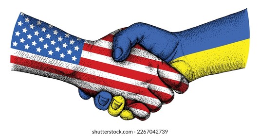 Handshake with flags of American USA and Ukraine.