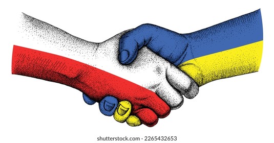 Handshake with flags of Ukraine and Poland on a white background.