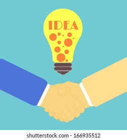 Handshake in flat design with lightbulb idea