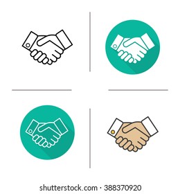 Handshake flat design, linear and color icons set. Business agreement. Partnership contour and long shadow symbols. Handshake logo concepts. Shaking hands isolated vector illustrations