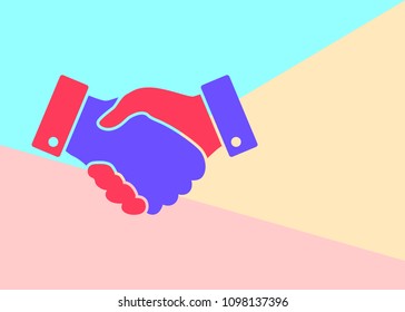 handshake flat line design icon on yellow, blue and pink background
