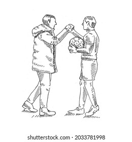 Handshake.	Football coach congratulates by shaking hands to the player who scores the goal.	Retro vintage sketch vector illustration. Engraving style. black isolated on white background. vector draw