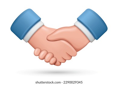 Handshake in the form of cartoon 3d icons, the concept of business and partnership, businessmen shake hands making a deal or agreement on a contract. Vector illustration, business meeting