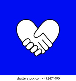 Handshake in form of heart on blue background.Vector illustration