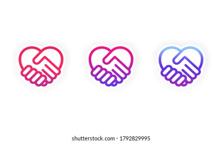 Handshake in the form of heart. Handshake sticker icon set. Symbol friendship day, love. Vector on isolated white background. EPS 10.