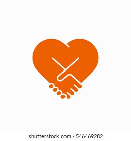 Handshake form heart, sympathy icon, love and friendship symbol, white background